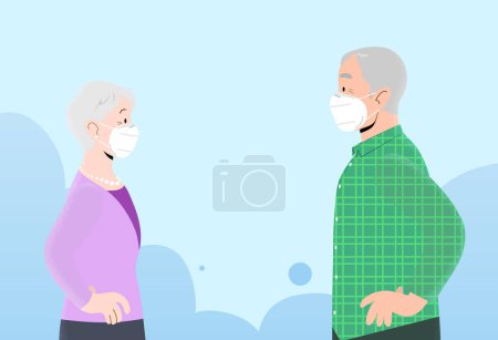 Illustration for Couple of old man and old woman profile vector wearing ffp2 or kn95 masks. Concept of protecting the elderly against coronavirus. Old woman and old man face to face with hands on hips. - Royalty Free Image