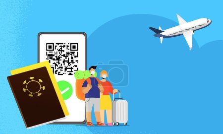 Young couple of travelers in front of a smartphone with QR code on screen. Concept of travel authorization. Vaccine passeport, international vaccination certificate and digital sanitary Green Pass.