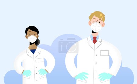 Illustration for Young man and woman doctors team profile front view with hands on hips pose, wearing protective white ffp2 or kn95 masks. Protection against coronavirus. Characters isolated. Flat vector illustration. - Royalty Free Image