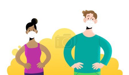 Illustration for Young man and woman full-face, wearing protective white masks FFP2 or KN95, with hands on hips. Isolated characters. Mask can be removed. Protection against covid pandemic. Man and woman side by side. - Royalty Free Image
