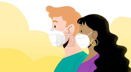 Ilustración de Young man and woman profile close-up flat vector, wearing protective white FFP2 or KN95 masks. Characters isolated. Masks can be removed. Protection against coronavirus pandemic. - Imagen libre de derechos