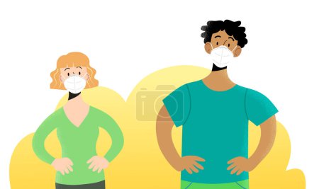 Illustration for Young man and woman portrait front view with hands on hips, wearing ffp2 or kn95 protective white masks. Characters isolated. Masks can be removed. Protection against coronavirus pandemic. - Royalty Free Image