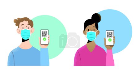 Junge Männer und Frauen mit blauen OP-Masken halten Smartphone mit QR-Code auf dem Bildschirm. Konzept digitaler Sanitärpass, Europäischer Grüner Pass, Digitaler Impfpass. Impfnachweis.