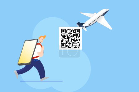 Young man carrying giant smartphone as backpack with qr code. Concept of travelling with qr code pass. Digital sanitary pass to take airplane during coronavirus pandemic. Summer holidays tourism.