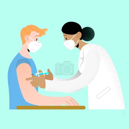 Illustration for Doctor and patient wearing ffp2 kn95 protective white face masks. Young woman doctor vaccinating patient's arm with syringe. Vaccine inoculation. International vaccination campaign against coronavirus covid-19. - Royalty Free Image
