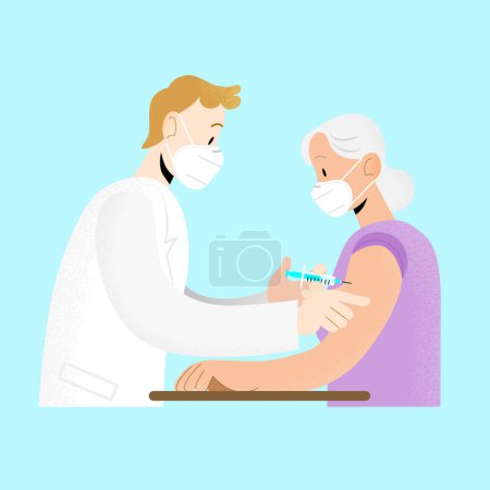 Illustration for Doctor and patient wearing ffp2 kn95 white masks. Young doctor vaccinating old woman patient with syringe. Vaccine inoculation. International vaccination campaign against coronavirus covid-19. - Royalty Free Image