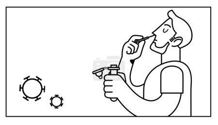 Illustration for Man self-testing with an antigen home kit for coronavirus covid-19 detection. Taking a sample with a nasal cotton swab. Testing his positivity. Stylized black and white line vector illustration. - Royalty Free Image