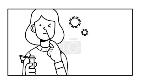 Téléchargez les illustrations : Woman self-testing at home with an antigen kit. Taking a sample with a nasal cotton swab to test her positivity to coronavirus or covid -19. Front view portrait of line vector drawn character. - en licence libre de droit