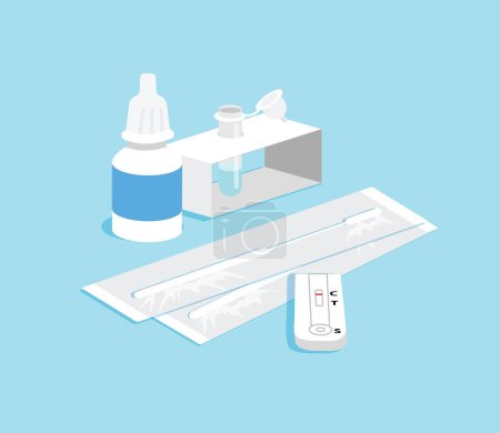 Téléchargez les illustrations : Close up of an antigen test kit (atk) or home kit to extract sample with swab or nasal swab. Flat vector icon illustration. Covid-19 coronavirus positivity detection and prevention. Self-test at home. - en licence libre de droit