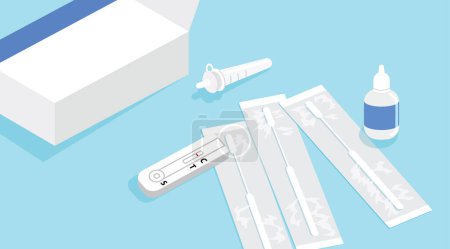 Téléchargez les illustrations : Close view of an antigen test kit (atk) or self-test at home, containing nasal swab, test device and sample extraction tube from an open box. Covid-19 coronavirus positivity detection and prevention. - en licence libre de droit