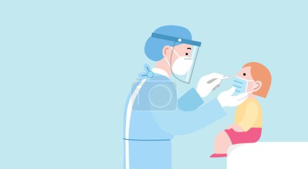 Téléchargez les illustrations : Woman doctor or medical worker testing a child with nasal swab to test her positivity to covid-19 or coronavirus. Flat vector illustration with profile portraits. Pcr or antigen child testing. - en licence libre de droit