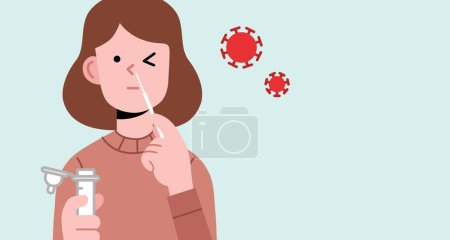 Téléchargez les illustrations : Woman from front view self-testing with a nasal swab. Covid-19 or coronavirus positivity testing with antigen self test kit at home. Color flat vector illustration. - en licence libre de droit