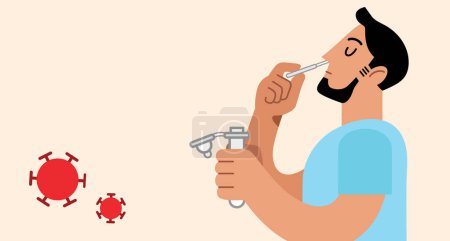Téléchargez les illustrations : Man from profile taking a sample with a nasal swab. Self-testing at home wit antigen kit to test his positivity to coronavirus or covid-19. Flat vector stylized illustration. - en licence libre de droit