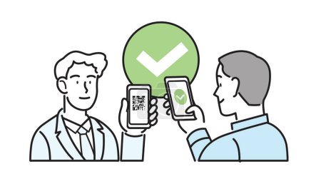 Line icon isolated vector. Man employee in business suit holding smartphone with qr code on screen. Digital sanitary pass checking on workplace, eu green pass, health pass, vaccine passport.