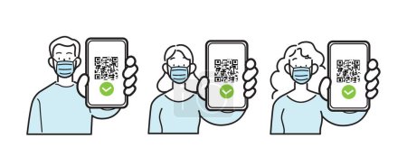 Line icons isolated vector set. Man and woman wearing surgical face mask, holding smartphone with qr code on screen. Digital sanitaty pass check, eu green pass, vaccine passport, health pass.