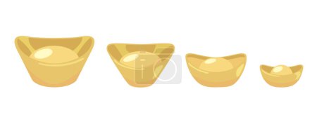 Illustration for Different types and sizes of gold chinese sycees ingots aligned illustration vector set. Boat shaped yuanbao for chinese new year or lunar new year. - Royalty Free Image