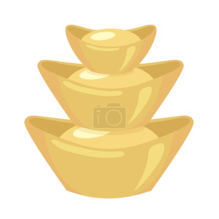 Illustration for Three piled up yuanbao gold ingots sycees for Chinese new year decorations. Boat shaped sycees as symbol o prosperity, different sizes of yuanbao. - Royalty Free Image