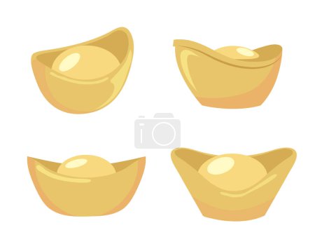Illustration for Four flat design illustration of chinese gold sycees ingots set vector for Lunar New Year. Boat shaped gold ingots. - Royalty Free Image