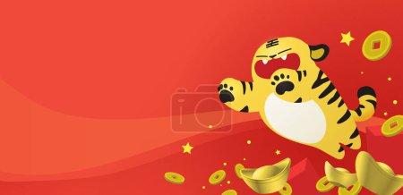 Téléchargez les illustrations : Horizontal banner for chinese new year, lunar new year, year of tiger 2022. Offering of red envelopes and luck money. Cute zodiac tiger with lucky coins, red envelopes and gold sycees in background. - en licence libre de droit