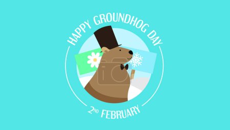 Illustration for Groundhog profile wearing a top hat greeting banner. February 2 groundhog day predictions. - Royalty Free Image