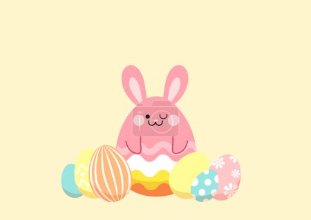 Illustration for Easter celebration vector icon. Row of colorful painted eggs with a big easter bunny shaped egg in the middle. Cute easter bunny egg smiling. Flat vector illustration. - Royalty Free Image