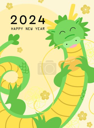 Dragon chinois mignon tenant un lingot de sycee doré yuanbao nouveau vecteur de modèle de carte année. Souhaitant richesse et bonne chance pour le nouvel an lunaire 2024, les fleurs de prunes orientales en arrière-plan.