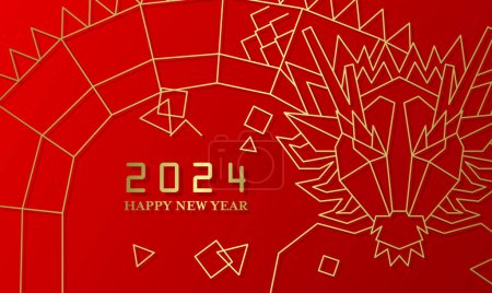 Frohes chinesisches neues Jahr des Drachen 2024 Goldlinie Kunstkarte. Sternzeichen Drachenkopf-Grußkarte zum Mond-Neujahr.