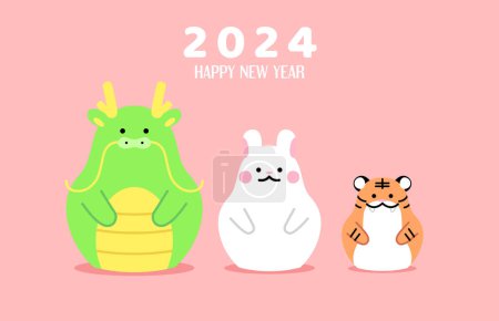 Ilustración de Tres animales del zodiaco tigre de conejo de dragón para cny 2024 diseño de tarjetas de felicitación. Año de la bandera del dragón con el año anterior del conejo y el año del tigre, ciclo del zodiaco chino. - Imagen libre de derechos