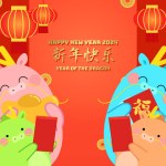 Chinese dragons family with children wishing happy new year 2024. Children holding red envelopes for the year of the dragon celebration, lunar new year 2024. Greetings card or banner vector template. 