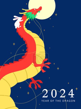 Téléchargez les illustrations : Nouvel an chinois illustration de dessin animé dragon avec lapin. Bonne année lunaire 2024 carte de vœux vectoriel. - en licence libre de droit