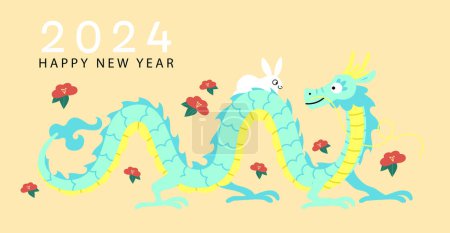 Ilustración de Lindo año de dibujos animados de la tarjeta de dragón de diseño plano animales del zodíaco. Conejo del zodíaco en la espalda del dragón del zodíaco. - Imagen libre de derechos