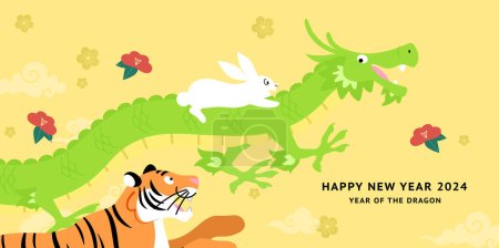 Ilustración de Bonita tarjeta de animales del zodiaco de dibujos animados para el año del dragón. Zodíaco dragón, conejo y dragón, año nuevo lunar 2024. - Imagen libre de derechos