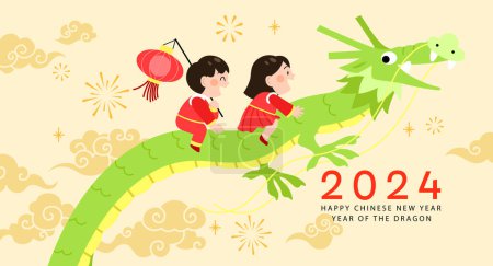 Ilustración de Lindo año nuevo chino 2024 tarjetas de felicitaciones niños con ilustración de vectores de dragón. Niños montando dragón chino y sosteniendo linterna de papel. - Imagen libre de derechos