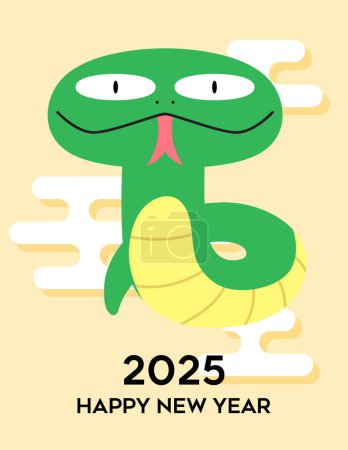 Feliz año nuevo chino de la serpiente 2025 caricatura divertida tarjeta vectorial. Linda serpiente del zodíaco sacando la lengua. Año nuevo lunar 2025 tarjeta de celebración.