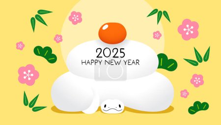 Neujahrskagami-Mochi-Schlange 2025 Karte. Niedliche Tierkreisschlange mit Pflaumenblüten, Kiefer und Bambusmuster.