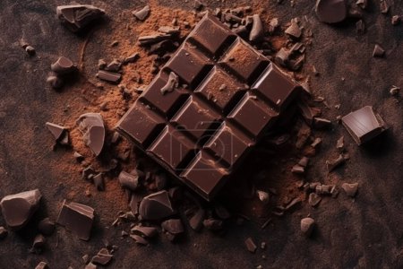 Draufsicht auf Schokoriegel mit Schokoladenstücken auf Rost-Metallhintergrund
