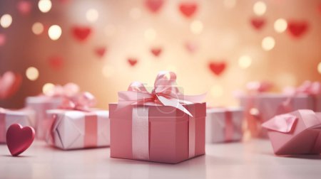Foto de Feliz día de San Valentín, globos en forma de corazón y algunas cajas de regalo sobre un hermoso fondo - Imagen libre de derechos