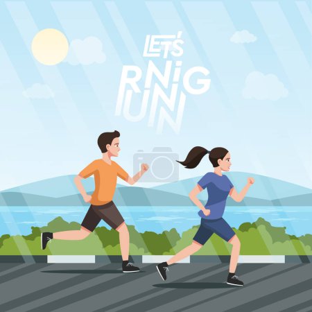 Ilustración de Running Man and Woman Outdoor Activity for the Healthy Illustration vector for Poster Banner Brochure Mobile Web - Imagen libre de derechos