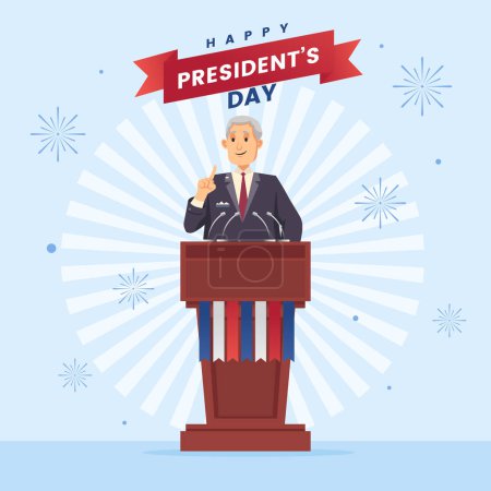Illustration for President's Day Man Speech with fireworks celebration Cartoon Character Illustration Background - Royalty Free Image