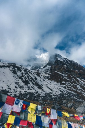 tibetan prayer flags in the mountains in nepal, Mountain in nepal, mount everest country, flags of the mountain