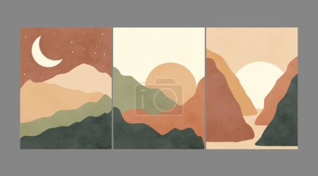 Modern abstract minimalist landscape posters. Desert, mountains, sun and moon. Day and night scene. Pastel colors, earth tones. Boho mid-century  art print. Flat design. Stock vector illustration