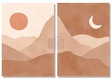 Modern abstract minimalist landscape posters. Desert, sun and moon. Day and night scene. Pastel colors, earth tones. Boho mid-century prints. Flat design. 