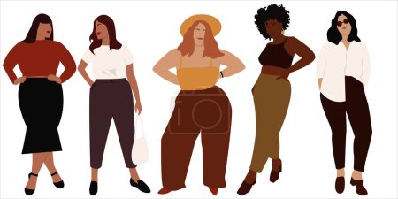 Illustration for Vector illustration of bodypositive women. Body positive movement and beauty diversity. A set of plus size women. Vector stock illustration isolated on white background. EPS 10 - Royalty Free Image