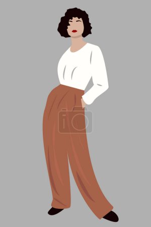 Illustration for Modern young businesswoman is standing. girl in casual clothes makes a greeting gesture. Flat vector cartoon illustration isolated on gray background. Contemporary art. Minimal illustration, eps 10 - Royalty Free Image