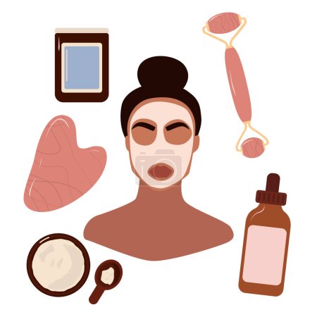 Ilustración de Female face and beauty cosmetic mask. Facial jade roller. Skin care banner. Face mask, skincare, treatment, relaxation. Self-care concept. Stock vector illustration - Imagen libre de derechos