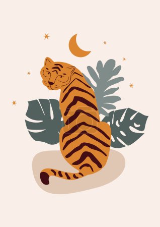 Illustration for Sitting chinese tiger in boho asian style. Minimalistic scene. Modern cartoon flat tiger print. Stock vector illustration. - Royalty Free Image