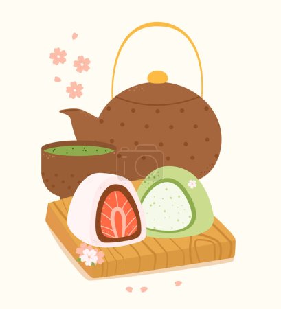 Ilustración de Lovely mochi on a bamboo plank. Cup of tea and teapot. Traditional Japanese cuisine. Asian food. Stock vector illustration. - Imagen libre de derechos