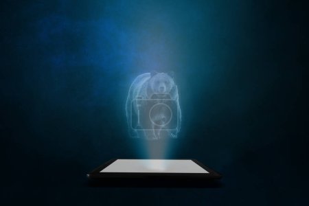 Foto de Un oso se proyecta desde una tablilla con un fondo abstracto azul. Inteligencia artificial. - Imagen libre de derechos