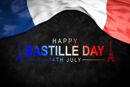 Happy Bastille Day am 14. Juli. Französischer Unabhängigkeitstag auf schwarzem Hintergrund mit der französischen Flagge.