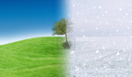 Season change from winter landscape to summer landscape. Winter vs Summer concept. Climate change concept.